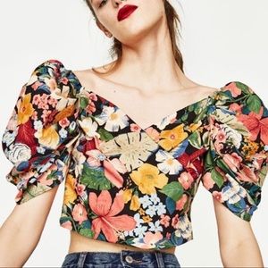 Zara Floral Puff Crop Top Size S